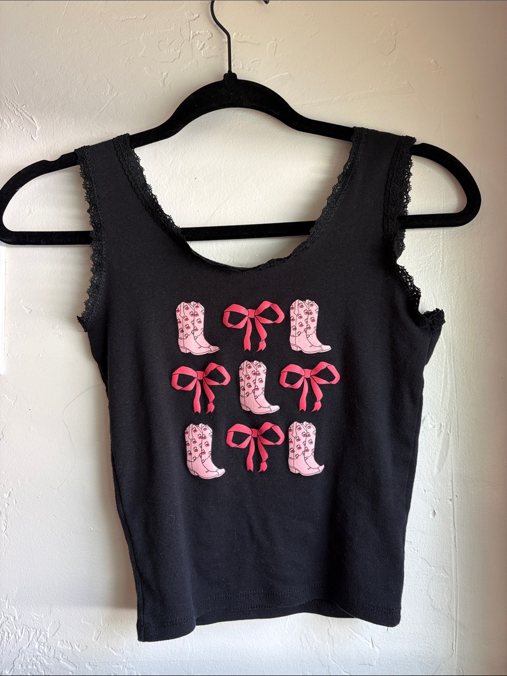 Black Tank Top with Pink Boot & Bow Graphic - Women